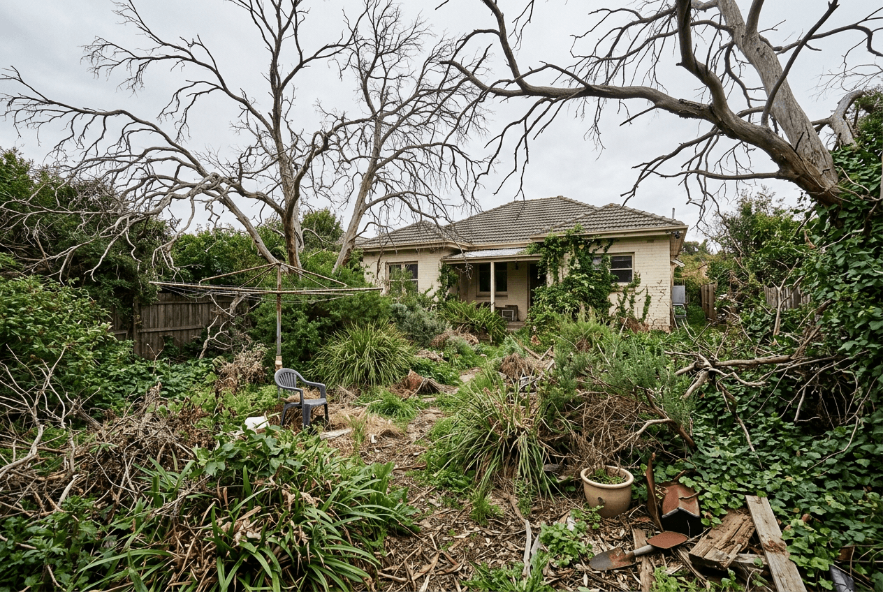 Overgrown backyard before tree removal Melbourne